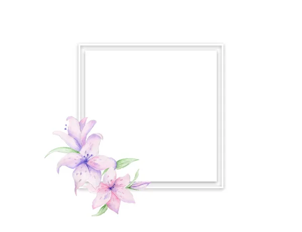 Convite de casamento, cartão de convite floral, flores rosa e folhas verdes geométricas. Quadro de retângulo de losango. Fundo quadrado branco. aguarela. Cartão de saudação, conjunto tropical. Coral vivo — Fotografia de Stock