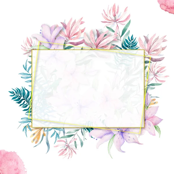 Convite de casamento, cartão de convite floral, flores rosa e folhas verdes moldura de ouro geométrica. Quadro de retângulo de losango. Fundo quadrado branco. aguarela. Cartão de saudação, conjunto tropical. Coral vivo — Fotografia de Stock