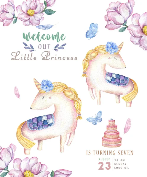 Watercolor isolated cute watercolor unicorn clipart. Nursery unicorns illustration. Princess unicorns poster. Trendy pink cartoon horse. Birthday invite card