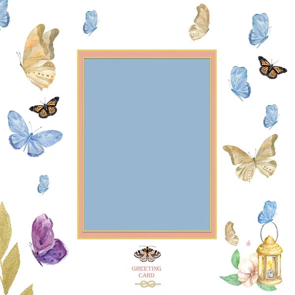 Felicidades, felicitación, cumpleaños, tarjeta de diseño de la boda Sé feliz con marco de oro y marco azul. Lindas mariposas acuarela sobre fondo blanco — Foto de Stock