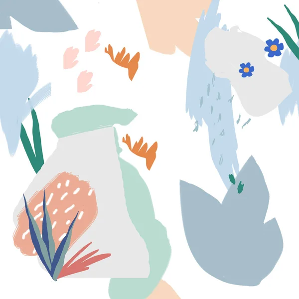 Çiçekler ve soyut şekilleri ile kolaj stil desen arka plan. Modern ve özgün Tekstil, ambalaj kağıdı, duvar sanat tasarımı. illüstrasyon — Stok fotoğraf