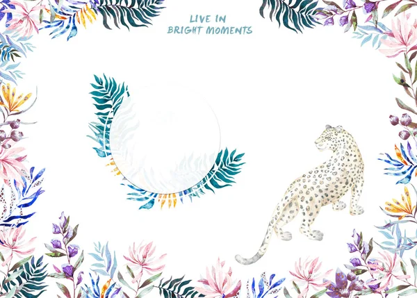 Akvarelu exotické kruh rám s tropické listy, květy a leopard pro svatba, pozvánky, přání k narozeninám, banner. Izolované illustrarion letní barvy na bílém pozadí. — Stock fotografie