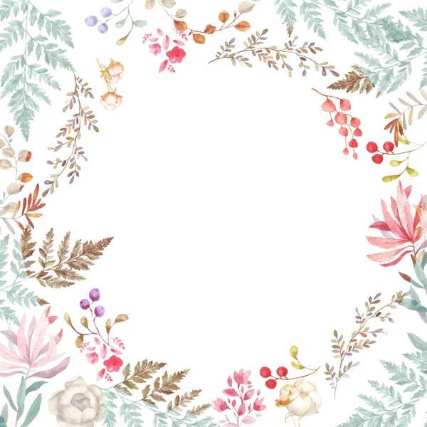 Hochzeitseinladung, florale Einladungskarte, rosa Blumen und grüne Blätter geometrisch. Schönheit Olivenrahmen. weißer quadratischer Hintergrund. Aquarell. Grußkarte, Tropenset vorhanden. Lebende Korallen — Stockfoto