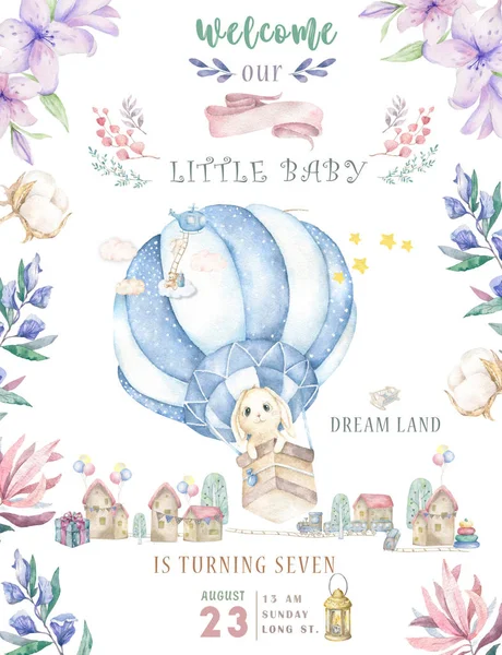 Suluboya şirin suluboya tavşanına da hava balon clipart izole. Kreş tavşan illüstrasyon. Bebek poster. Son moda pembe Karikatür hayvan. Doğum günü davetiye kartı, hayalperest style, kutlama kartpostal