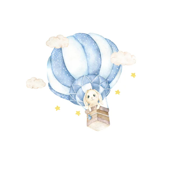 Акварель изолированы милый акварель кролик в воздушном шаре и звезды клипарт. Иллюстрация детского кролика. Детский плакат. Модное розовое мультяшное животное. Открытка на день рождения — стоковое фото