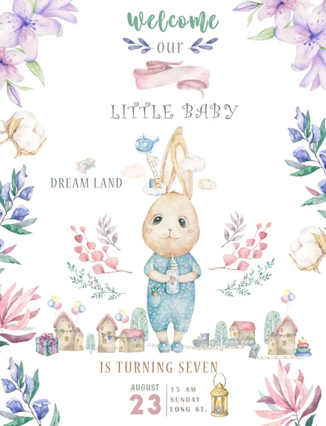 Акварель изолированные милые акварели Dreamer Bunny клипарт. Иллюстрация кролика, цветы и листья Плакат малыша. Модное розовое мультяшное животное. Открытка на день рождения, праздничная открытка — стоковое фото