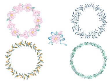 Suluboya çiçek ve yaprakları çelenk kümesi. Altın çerçeve çizim. kutlama, widding, elips ve yay klip sanat dalı davet kartı beyaz arka plan Vintage stili