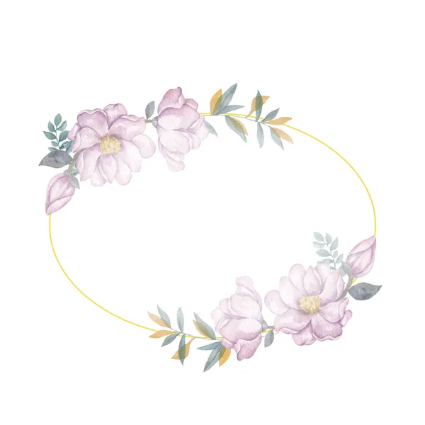 Fleurs aquarelle et couronne de feuilles. Illustration cadre en or. ellipse et arc clip branche d'art pour la célébration, élargissement, inviter carte fond blanc Style vintage — Photo