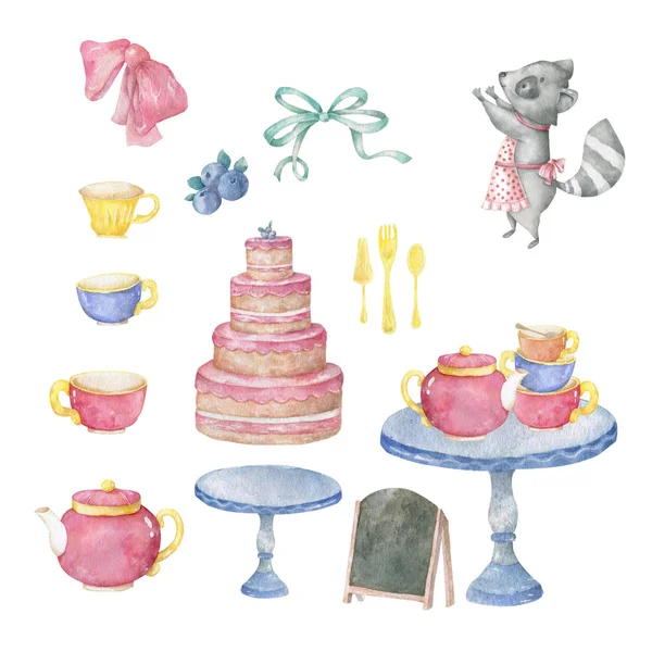 Akvarelu růžové chutný dort, tabulka, šálek čaje, menu, luk a roztomilé Roccoon v nárazníku pro oslavu k narozeninám. Roztomilá ručně tažené klipart na bílém pozadí — Stock fotografie