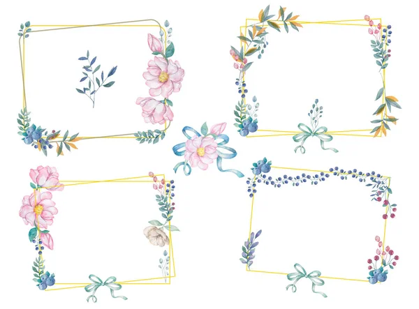Suluboya çiçek ve yaprakları çelenk kümesi. Altın çerçeve çizim. kutlama, widding, elips ve yay klip sanat dalı davet kartı beyaz arka plan Vintage stili — Stok fotoğraf