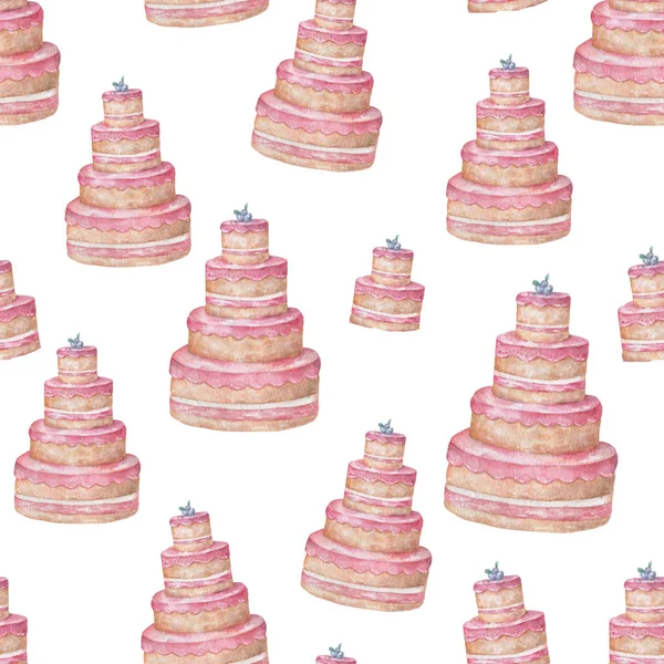 ピンクおいしいケーキと色とカップ berrypattern 背景パステル カラー水彩、食品パターン ボックス、招待、白い背景の上の誕生日カードのクリップアートでかわいいカップケーキの — ストック写真