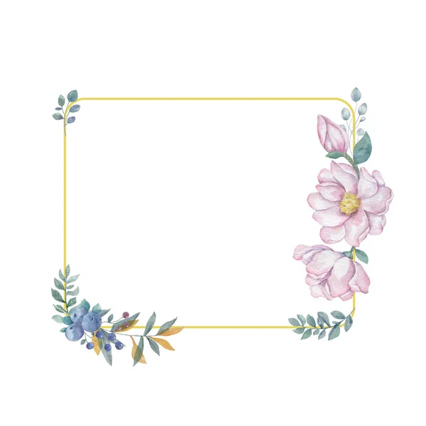 Ακουαρέλα, λουλούδια και φύλλα στεφάνι. Εικονογράφηση χρυσό πλαίσιο. Πλατεία clip art υποκατάστημα για γιορτή, widding, προσκαλέστε κάρτα λευκό φόντο Vintage style — Φωτογραφία Αρχείου