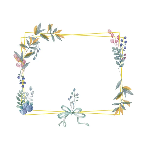 Aquarell Blumen und Blätter Kranz. Goldrahmen-Illustration. Quadrat und Bogen Clip Art Zweig für Geburtstag, Feier, Hochzeit, laden Karte weißen Hintergrund Schönheitsstrauß. grüne und gelbe Blätter — Stockfoto