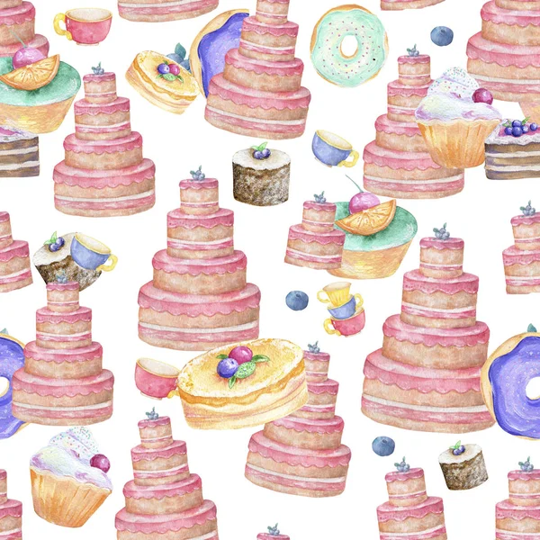 Pink tasty cake birthday isolated and color cups with berrypattern background of cute cupcakes in pastel colors watercolor, clip art for food pattern box, invite, birthday card on white background — Stock Photo, Image