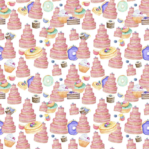 Pink chutný dort narozeninový izolované a barevné košíčky s berrypattern pozadím roztomilé cupcakes v pastelových barvách akvarel, klipart pro potraviny vzor box, pozvánky, přání k narozeninám na bílém pozadí — Stock fotografie