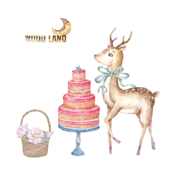 Akvarel cute jelen s krásu zelených luk a chutný dort, dřevěný koš růžové květy, ručně tažené set roztomilý pohlednice pro pozvat, Valentýn, narozeniny, nový rok, na bílém pozadí — Stock fotografie
