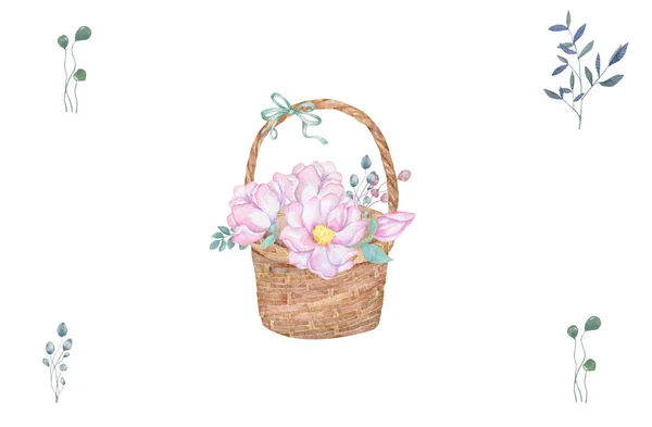 Akvarelu košík květin ručně kreslené ilustrace deska koše klipartů, Krása květin na bílém pozadí — Stock fotografie