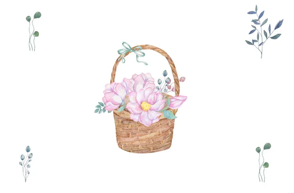 Watercolor wooden basket of flowers hand drawn illustration plate basket clip art, beauty flower on white background