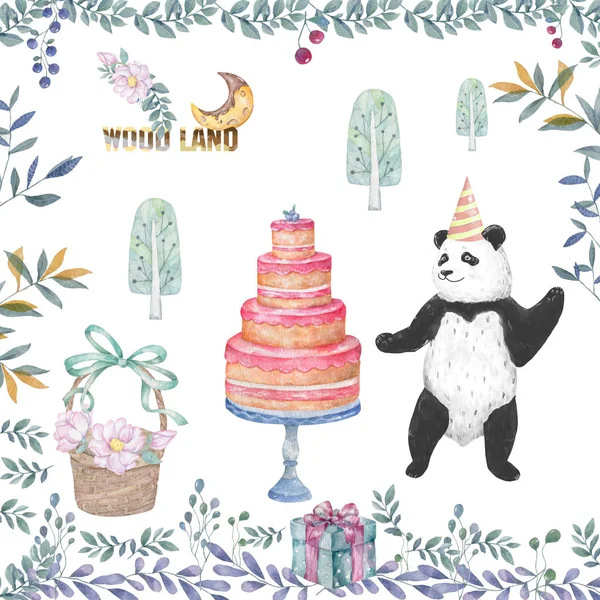 Мила панда мультяшна смачна листівка, торт, дерев'яна кошик і квіткова краса листя ілюстрація для запрошення на вечірку, день народження, шаблон вітальної листівки акварельний стиль — стокове фото