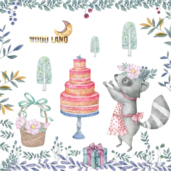 Mignon bébé roccoon avec délicieux gâteau animal illustration isolée pour les enfants. Aquarelle bohème forêt bohème cerf famille aquarelle dessin Parfait pour les affiches de pépinière. Invitation anniversaire . — Photo