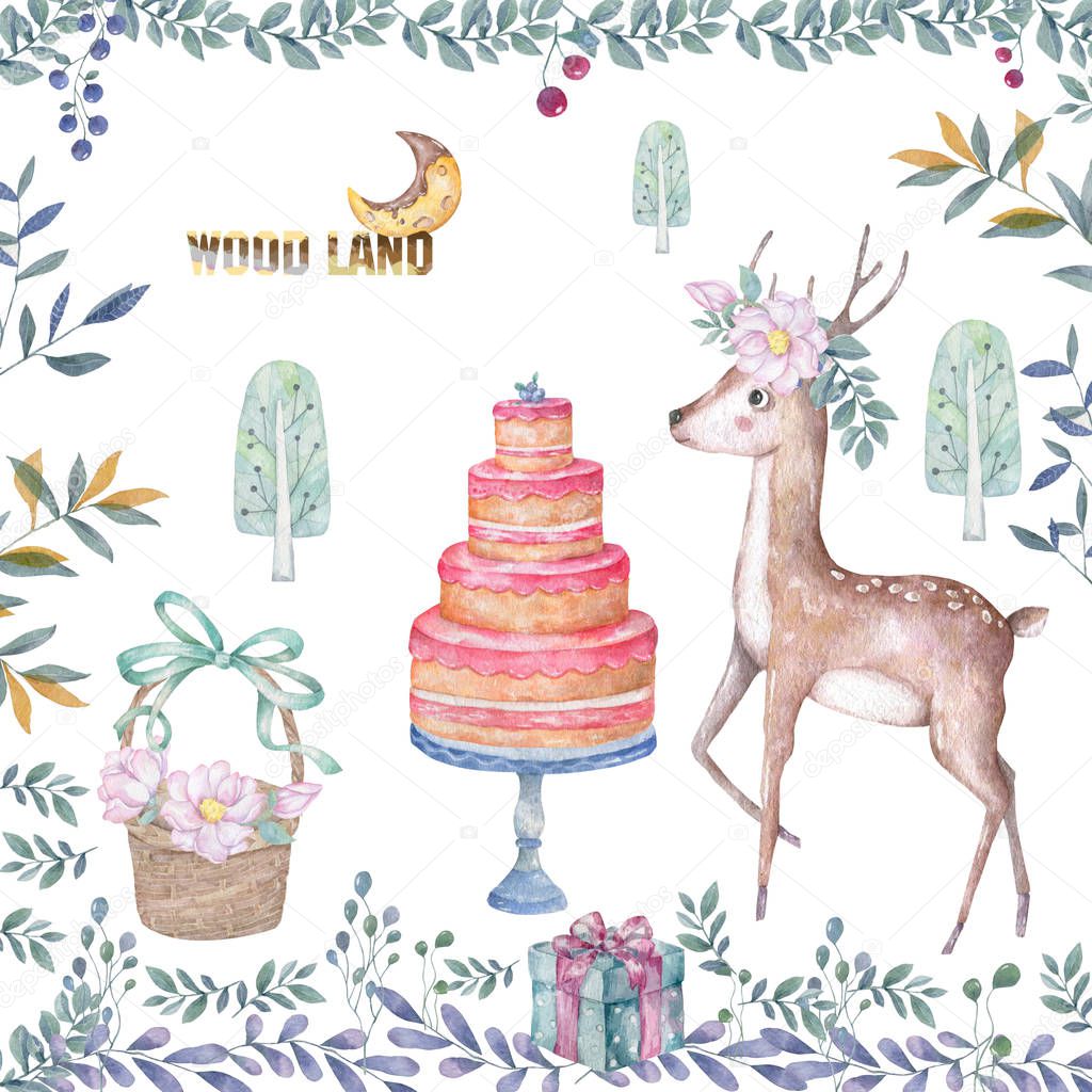 Cute baby deer and roccoon with tasty cake animal isolated illustration for children. Bohemian watercolor boho forest deer family watercolor drawing Perfect for nursery posters. Birthday invite.