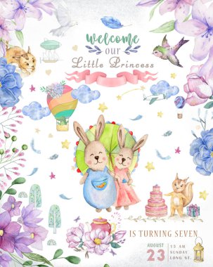 Çizgi film Bunny 'nin doğum günü kartı çok tatlıymış. Suluboya tavşan klipsi ve güzel boho pembe çiçekler, çiçek. Beyaz arka planda Mutlu Paskalyalar için lamba ışığı ve yaprak