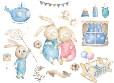 Suluboya suluboya sevimli tavşan clipart izole. Kreş tavşan illüstrasyon. Bebek poster. Son moda pembe Karikatür hayvan. Doğum günü davetiye kartı, hayalperest style, kutlama kartpostal