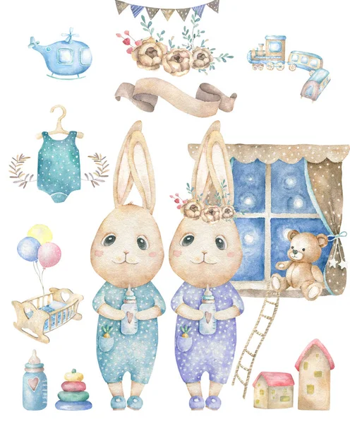 Set niedliche Glückwunschkarte mit Cartoon zwei Hasen. Aquarell-Kaninchen Clip Art Wiege und Spielzeug für Baby, Babybett, Bär, Einladungsband, Grußkarte auf weißem Hintergrund — Stockfoto