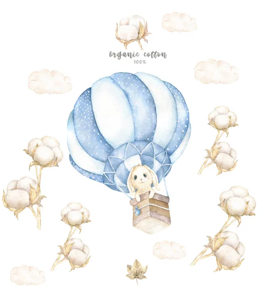 Aquarell isoliert niedlichen Aquarell Häschen in Luftballon und Baumwolle Cliparts. Kinderzimmer Kaninchen Illustration. Babyposter. trendiges rosafarbenes Zeichentricktier. Geburtstag einladen Karte Feier Postkarte — Stockfoto