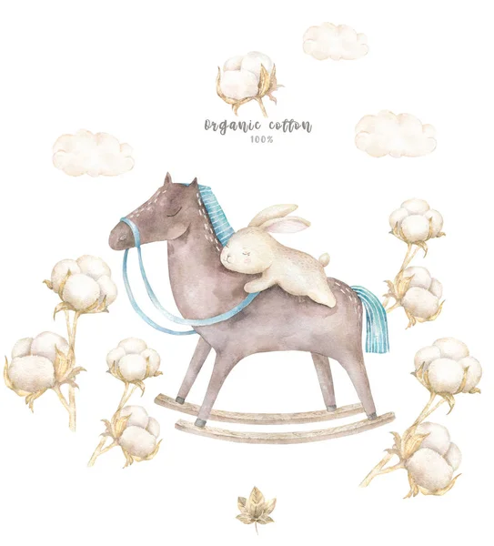 Akvarel, samostatný roztomilý zajíček akvarel na koně hračku a bavlněné clipart. Školky králík ilustrace. Plakát dítě. Módní růžové kreslený zvíře. Narozeniny pozvánky kartu oslava pohlednice — Stock fotografie