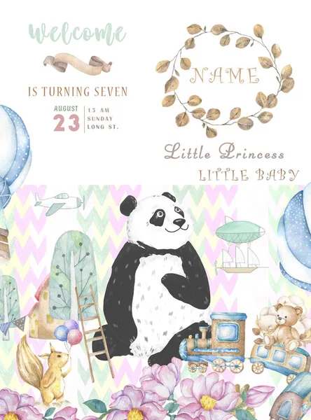 Happy Birthday card design with cute panda bear and boho flowers and floral bouquets illustration. Watercolor clip art for greeting card. Invite poscard, beauty animal. Birthday and celebration