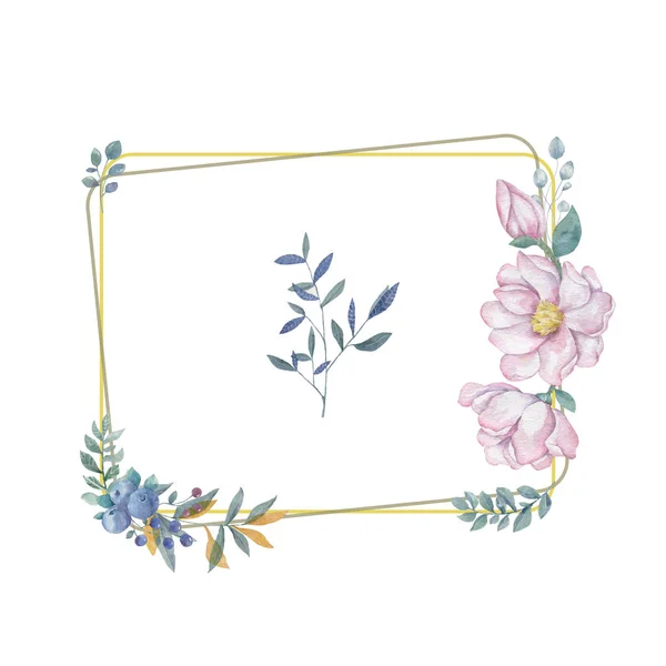 Fleurs aquarelle et couronne de feuilles. Illustration cadre en or. clip carré branche d'art pour la célébration, élargissement, inviter carte fond blanc Style vintage Salutation — Photo