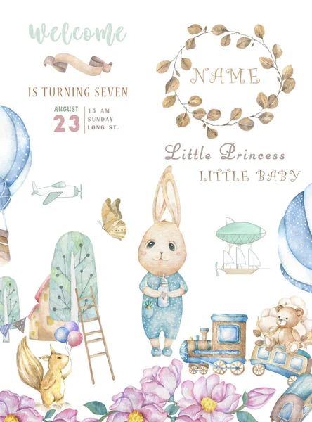 Watercolor isolated cute watercolor Bunny clipart. Nursery rabbit illustration. Baby poster. Trendy pink cartoon animal. Birthday invite card,Greeting and Celebration postcard. Beauty clip art