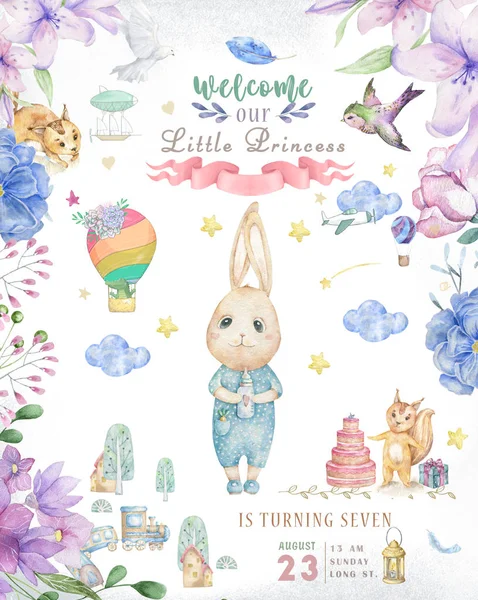 Suluboya suluboya sevimli tavşan clipart izole. Kreş tavşan illüstrasyon. Bebek poster. Son moda pembe Karikatür hayvan. Doğum günü davetiye kartı, tebrik, kutlama kartpostal. Güzellik küçük resim