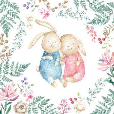 İki sevimli tavşanlar ve pamuk. Suluboya Paskalya sanat baskı. Elle çizilmiş şekil. Güzellik karikatür tavşan çiçek ve çiçek, tebrik kartı, doğum günü, beyaz arka plan üzerinde davet
