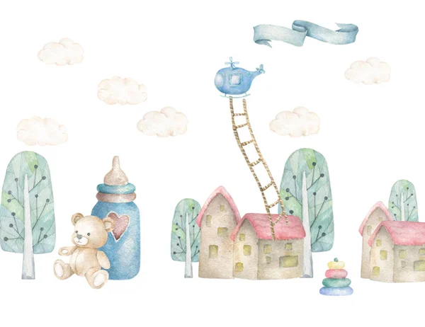Baby dream land with treen and little house, helicopter nad strairs. Children illustration. Watercolor cute town. White background, greeting card, invite design poscard — Stock Photo, Image