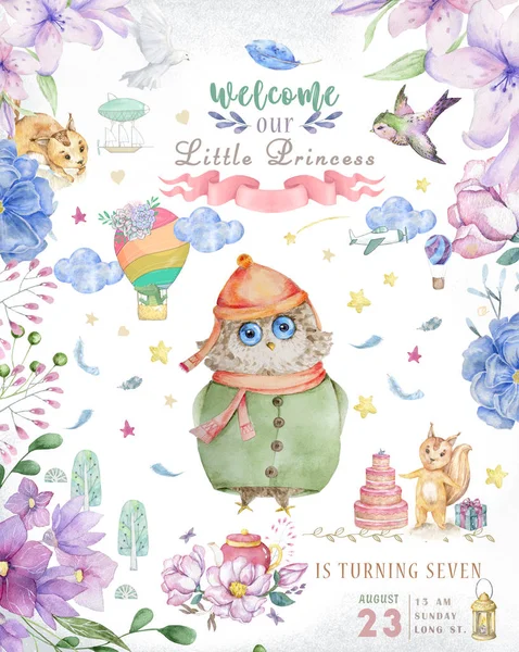 Watercolor cute Cartoon Owl. Cute baby greeting card. Boho flowers and floral bouquets Happy Birthday set. Watercolor greeting baby clip art on white background.