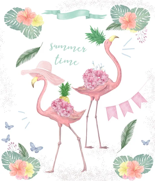 Paar rosa Flamingos. Aquarell niedlich zwei rosa Flamingo. Tropischer Druck für Einladung, Geburtstag, Feier, Grußkarte. Sommerillustration. Trendfarben. Vogel Clip Art — Stockfoto