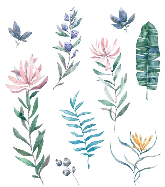 Akvarell rózsaszín Rose, Alstroemeria liliom, fehér bazsarózsa, Hortenzia, eukaliptusz, növények és gyógynövények. Esküvő virágcsokor. Köszöntés, születésnap, ünnepi üdvözlőlap. Szépség virág és levelek design-kártya. — Stock Fotó