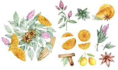Fas çay ve tüm malzemeyi. Yeşil çay, portakal, limon, tarçın, nane, karanfil, şeker, bir güzel oryantal Çaydanlık ve çay bardağı. Düz simgesi ve derleme ayarlamak.