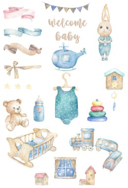 Suluboya izole sevimli suluboya Bunny ve oyuncaklar clipart. Kreş tavşan Illustration. Bebek posteri. Trendy pembe karikatür hayvan. Doğum günü kartı davet, tebrik ve kutlama kartpostal. Güzellik