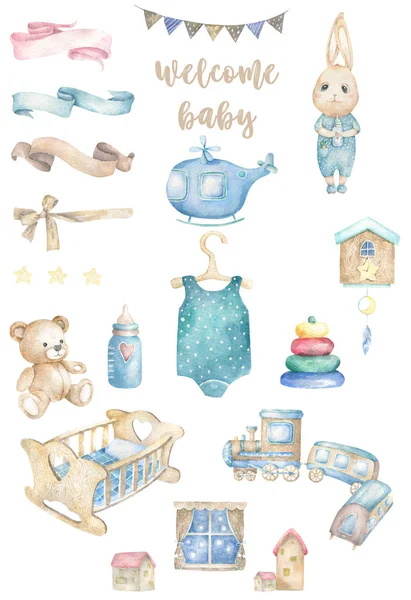 Suluboya izole sevimli suluboya Bunny ve oyuncaklar clipart. Kreş tavşan Illustration. Bebek posteri. Trendy pembe karikatür hayvan. Doğum günü kartı davet, tebrik ve kutlama kartpostal. Güzellik