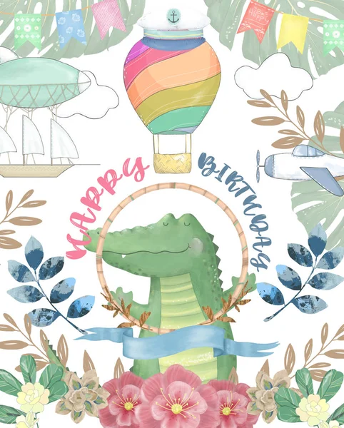 Cartão de aniversário feliz com animal bonito Croc Dandy Watercolor. Bonito cartão de felicitações para bebés. Boho flores e buquês florais Conjunto de feliz aniversário. Aquarela saudação bebê clip arte no fundo branco . — Fotografia de Stock