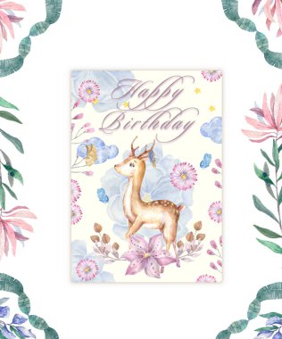 Cute baby deer and with tasty cake animal isolated illustration for children. Bohemian watercolor boho forest deer family watercolor drawing Perfect for nursery posters. Birthday invite.