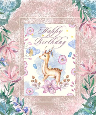 Sevimli bebek geyik ve çocuklar için lezzetli kek hayvan izole illüstrasyon. Bohem suluboya Boho orman geyik aile suluboya çizim kreş poster için mükemmel. Doğum günü daveti.