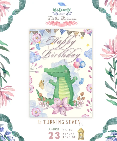 Gelukkig verjaardagskaart met schattig Croc Dandy aquarel dier. Schattige baby wenskaart. Boho bloemen en bloemen boeketten Happy Birthday ingesteld. Aquarel groet baby illustraties op witte achtergrond. — Stockfoto