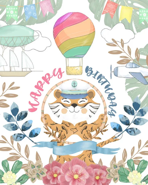 Χαρούμενα γενέθλια κάρτα με χαριτωμένο τίγρη ακουαρέλα ζώο. Χαριτωμένο μωρό ευχετήρια κάρτα. Boho λουλούδια και floral μπουκέτα που χαρούμενα γενέθλια. Ακουαρέλα χαιρετισμό μωρό εικόνες clip art σε λευκό φόντο — Φωτογραφία Αρχείου