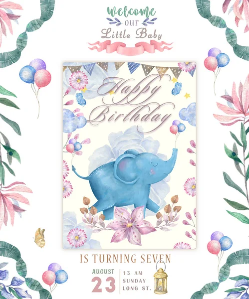 Happy birthday card with cute Elephant Watercolor animal. Cute baby greeting card. Boho flowers and floral bouquets Happy Birthday set. Watercolor greeting baby clip art on white background.