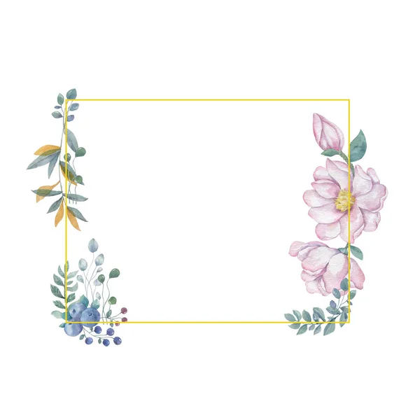 Aquarel bloemen en bladeren krans. Gouden frame illustratie. vierkante clip art branch voor viering, widding, uitnodigen kaart witte achtergrond Vintage stijl — Stockfoto