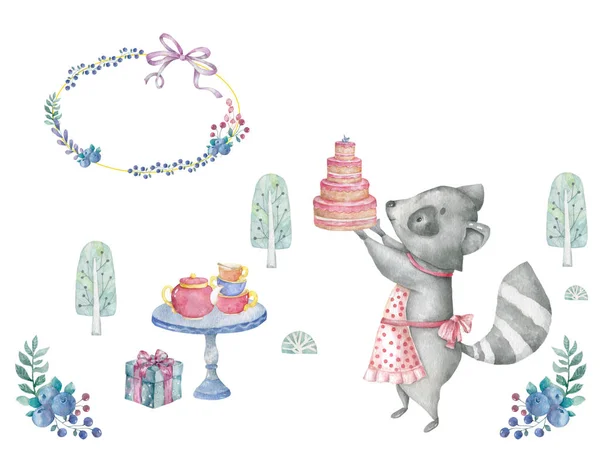 Ilustración de tarjeta de felicitación con pastel de cumpleaños, roccoon, flores y luna de chocolate y caja de tamaño azul en tazas patrón fondo acuarela estilo marco de flores arco —  Fotos de Stock